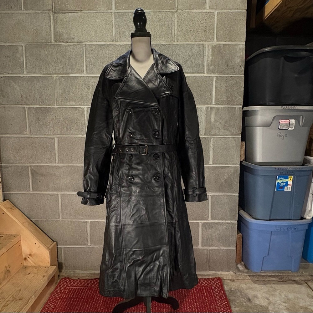 Black Genuine sheepskin leather trench coat.